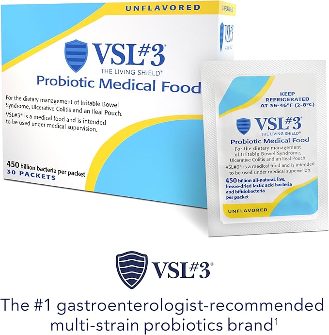 VSL#3® Probiotic Powder for Digestive Health IBS &amp UC Symptoms - 450B CFUs High-Potency Multi-Strain Live Refrigerated Probiotic Medical Food for Gut Health Support in Men &amp Women 60 Pa