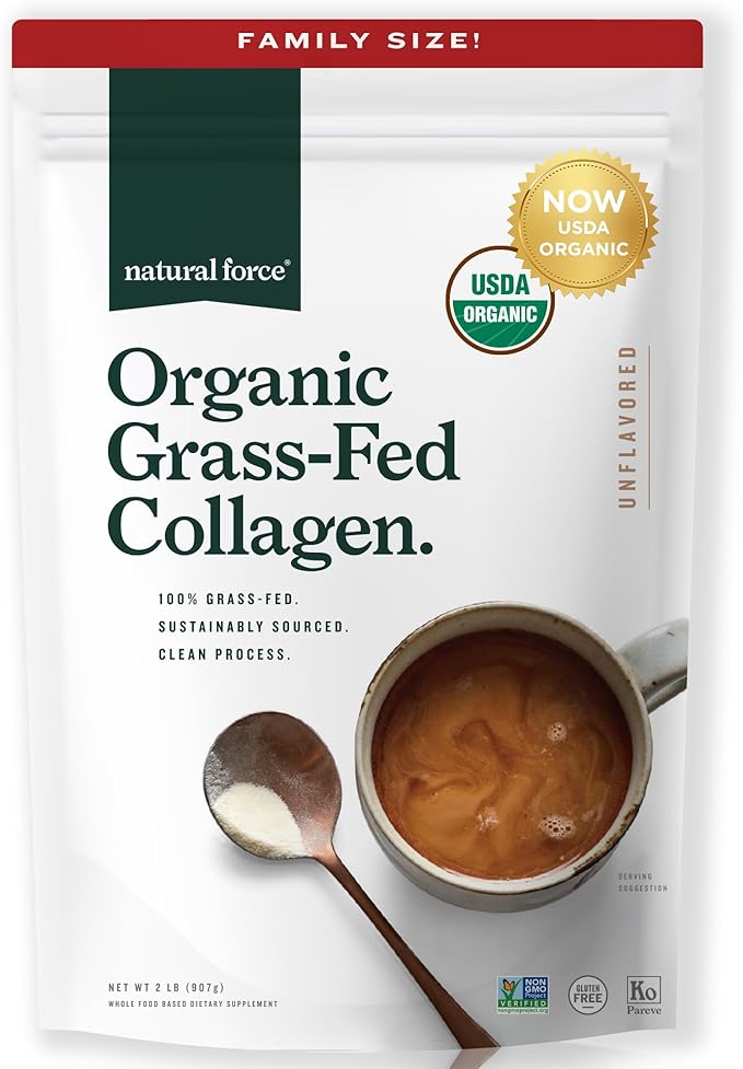 Natural Force Grass Fed Organic Whey Protein Powder Unflavored - 16 oz Organic Clean Collagen Peptides Powder Unflavored 32oz