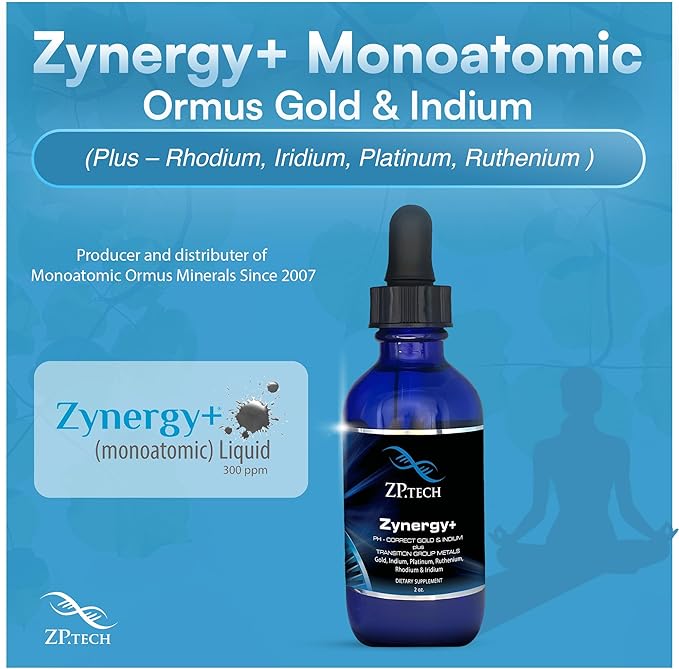 Zynergy Plus Colloidal Gold Liquid | All Natural Pure Monoatomic 24k Food Grade Mineral Au &amp Indium | Ormus Gold Oil Supports Pineal Gland Anti-Aging Meditation Yoga Third Eye