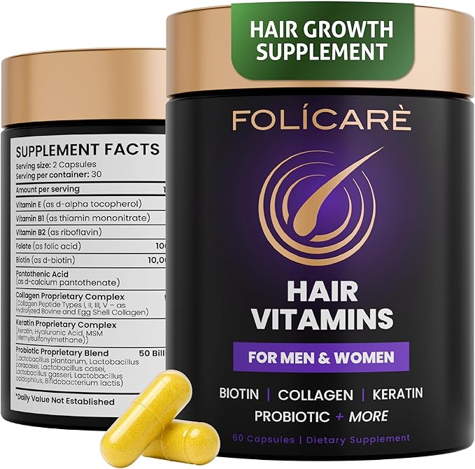 Biotin Hair Growth Supplement with Collagen Keratin and Probiotics – Hair Growth Support Skin &amp Nails Supplement for Men and Women – Supports Thicker Stronger Hair – Made in USA (1 Pack)