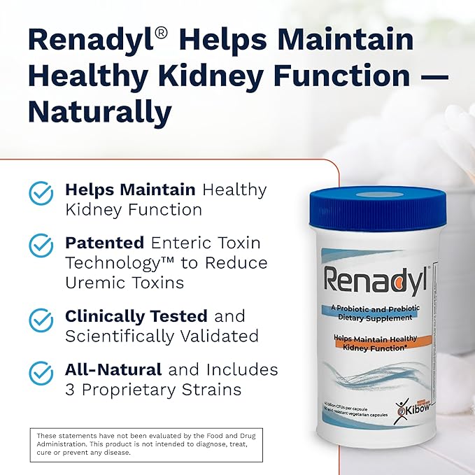 Renadyl Kidney Probiotic Supplement | Urea Creatinine &amp Uric Acid Support | 45 Billion CFUs | Clinically Tested Non-GMO &amp Made in USA 60 Capsules (1 Bottle 1 Month Supply)