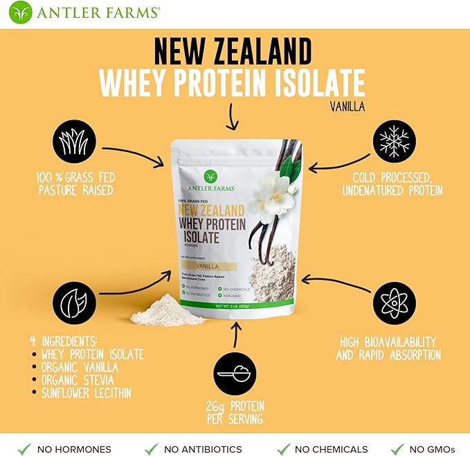 Antler Farms - 100% Grass Fed New Zealand Whey Protein Isolate Vanilla Flavor 2 lbs - Pure and Clean 4 Ingredients Delicious Cold Processed