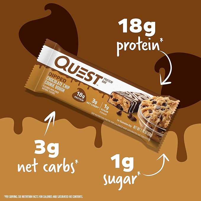 Quest Nutrition Dipped Chocolate Chip Cookie Dough Protein Bars 1.76 Oz 12 Ct &amp White Chocolate Raspberry Protein Bars High Protein Low Carb Gluten Free Keto Friendly 12 Count