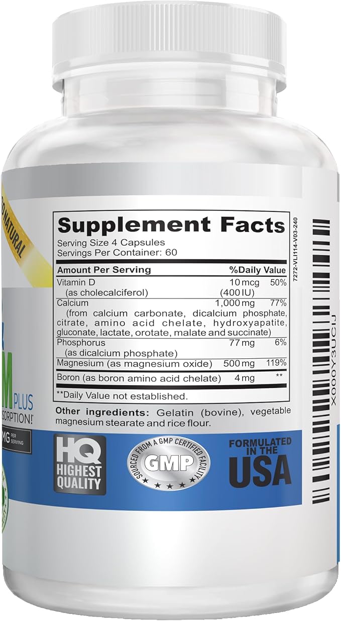Calcium Magnesium Supplement with Vitamin D - 10 Forms of Calcium 1000mg for Maximum Absorption - Bone Strength Support with Boron and Phosphorus - 240 Capsules - 2 Month Supply