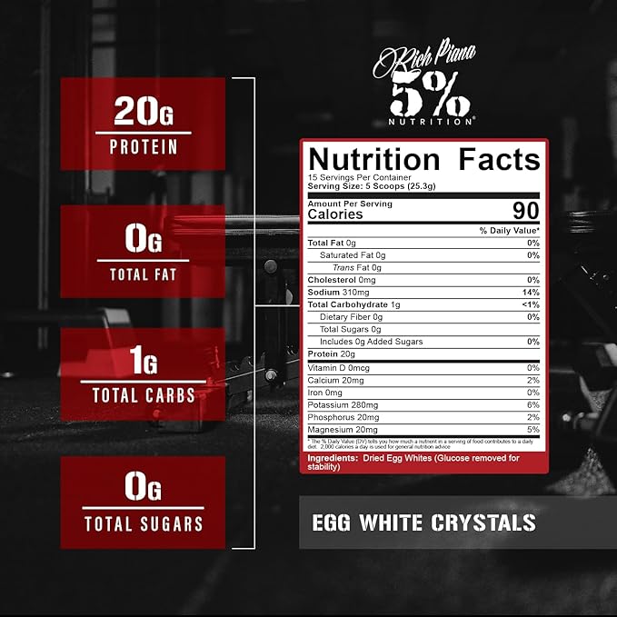 Rich Piana 5% Nutrition Egg White Crystals | 100% Pure Egg White Protein Powder | 20 Grams of Protein | Mixes &amp Stores Easily | 0.84 lbs 15 Servings (Unflavored)