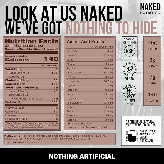 NAKED Shake - Chocolate Protein Powder - Plant Based Protein Shake with Mct Oil NSF Certified Gluten-Free Soy-Free No Gmos Or Artificial Sweeteners - 30 Servings