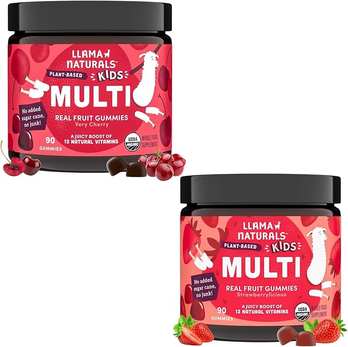 Llama Naturals Kids Multivitamin Gummies Vegan Organic with Vitamin D C &amp K Toddler Real Fruit Gummy Vitamins Chewable Supplement Cherry and Strawberry. 90 Ct