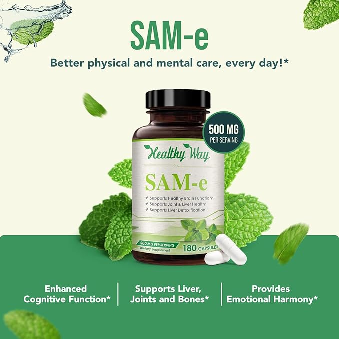 500mg SAM-e &amp Coenzyme Q10 200mg CoQ10 Supplement Bundle - Brain Mood Focus and Energy Support Bundle with CoQ10 and S-Adenosyl-L-Methionine Capsules