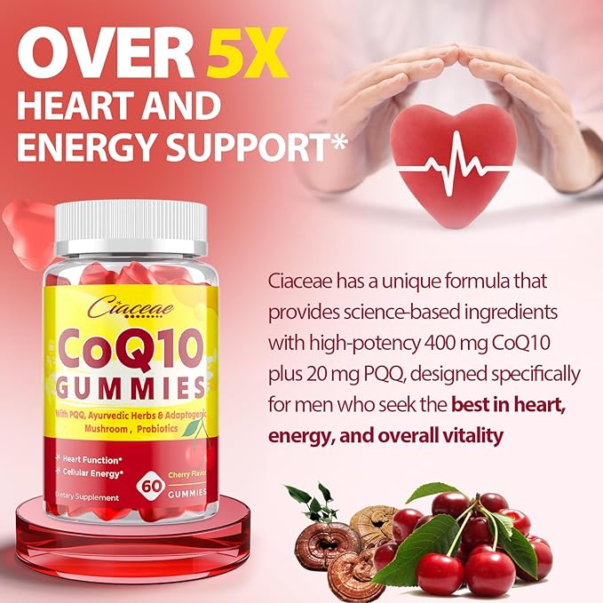 CoQ10 Gummies with PQQ - 400 MG Coenzyme Q10 High Potency Enhanced with Ayurvedic Herbs Adaptogenic Mushroom Blend &amp Probiotics for Heart Brain Energy Immunity Cherry Flavor 120 Vegan Gummi