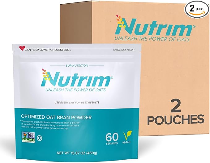 Nutrim Oat Bran Powder with 750mg Beta Glucan per Serving - Easy-Mix Soluble Fiber for Cholesterol Management &amp Immune Support - Heart Healthy Non-GMO &amp Vegan Oatmeal (60 Servings 2 Pack)