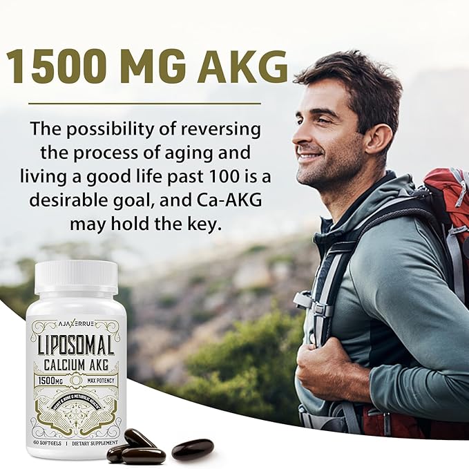 Liposomal Calcium AKG Supplement 1500 MG (Alpha-Ketoglutaric Acid) More Effective Than AAKG Ca AKG for Longevity Age Defense Cellular Energy Metabolic Function 60 Softgels