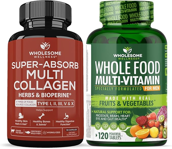Wholesome Wellness Super-Absorb Multi Collagen Pills (Type I II III V X) Organic Herbs and Bioperine + Whole Food Multivitamin for Men - Natural Multi Vitamins Minerals Organic Extracts Bundle