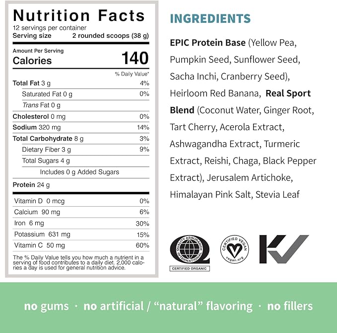 Sprout Living Epic Protein Plant Based Protein &amp Superfoods Powder Real Sport | 24 Grams Organic Protein Powder Recovery Vegan Non Dairy Non-GMO Gluten Free Low Sugar (1 Pound 12 Serving