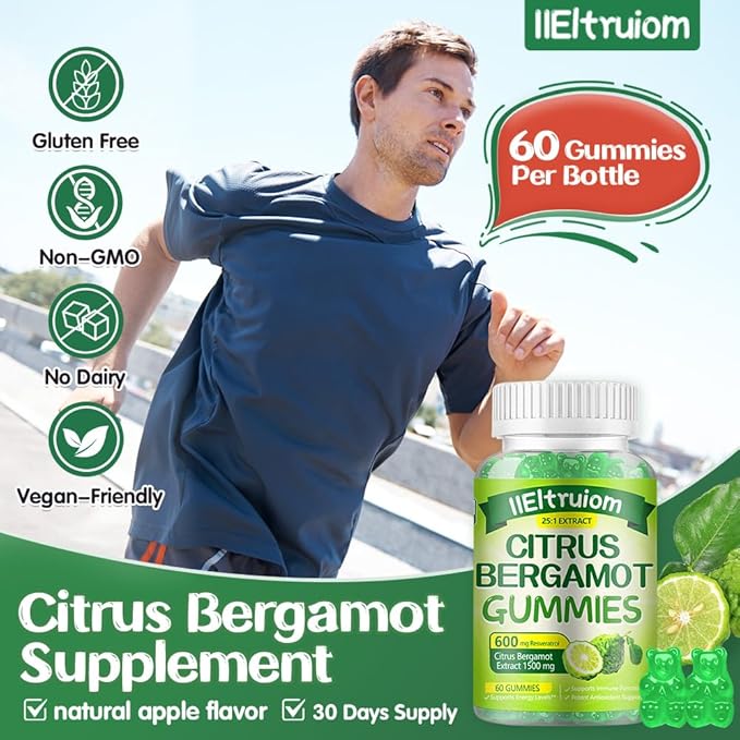 Citrus Bergamot 1500mg Citrus Bergamot Gummies for Healthy Cholesterol Bergamot Supplements 25:1 Extract from Italy Bergamot Resveratrol &amp Niacin - Gluten Free 120 Count