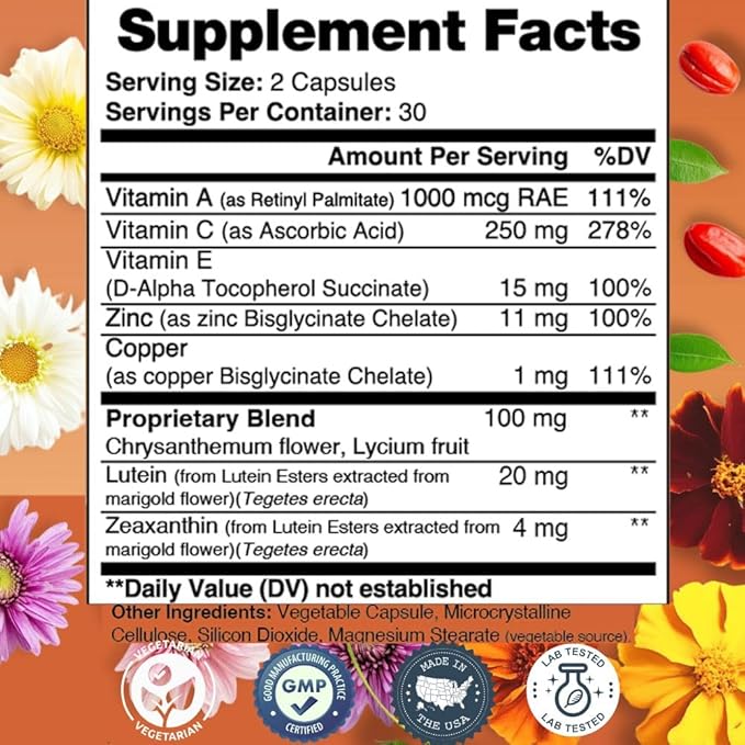Optic Care Eye Vitamins – Lutein Zeaxanthin Vitamins A C E Zinc Copper – Antioxidant &amp Micronutrient Formula with Chrysanthemum &amp Goji Berry for Vision Support &amp Eye Strain Relief – 60