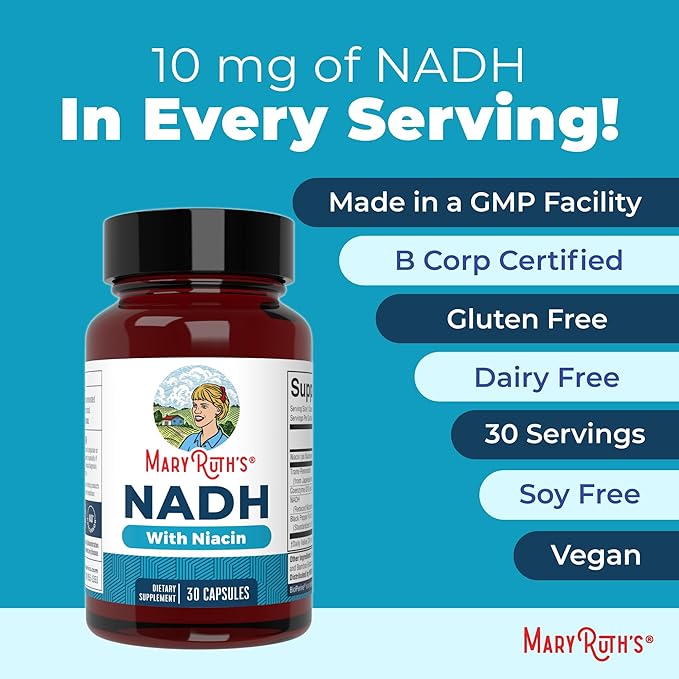 MARYRUTH'S NADH Capsules | Niacin | NAD+ Precursor | Trans-Resveratrol | CoQ10 | Cellular Energy | Energy Metabolism | Cognitive Function | Vegan | Gluten-Free | 1 Capsule Daily | 30 Servings