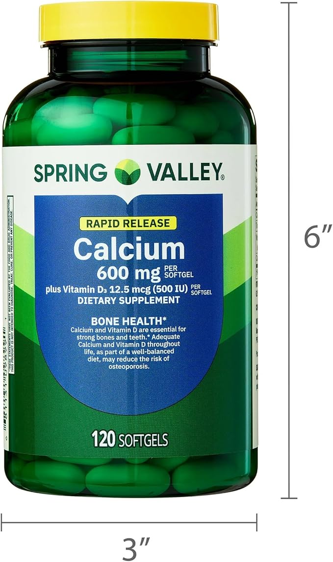 SUREFECT Spring Valley Calcium 600mg + Vitamin D3 1000IU - 120 Rapid-Release Softgels - Bone &amp Teeth Support Organizer.