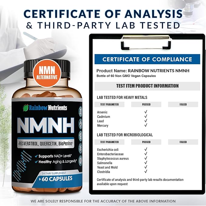 NMNH Supplement (NMN Alternative) NAD Booster for Anti-Aging Cellular Energy &amp Nice Skin- Dihydronicotinamide mononucleotide Resveratrol Quercetin &amp BioPerine® for Max Absorption- 60 caps