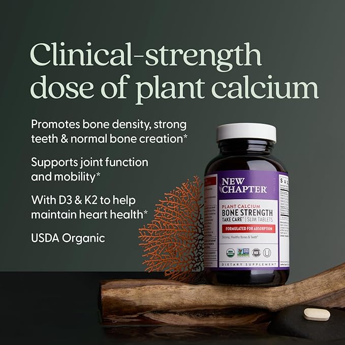 New Chapter Calcium Supplement - Bone Strength Plant-Based USDA Organic Calcium with Magnesium Vitamin D3+K2 for Bone Health &amp Joint Mobility Heart Support 905 mg dose - 60 Slim Tablets