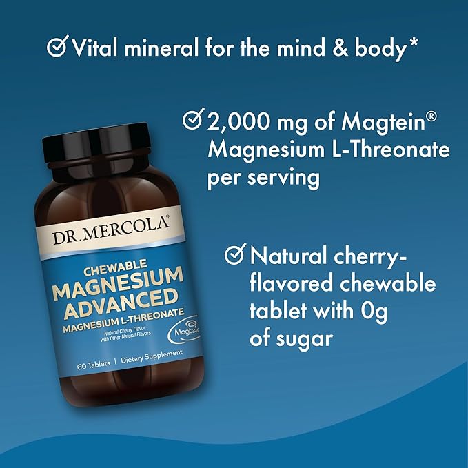 Dr. Mercola Magnesium Chewable Advanced 30 Servings (60 Tablets) Dietary Supplement Magnesium L-Threonate Cherry Flavor Non-GMO - 2 Pack