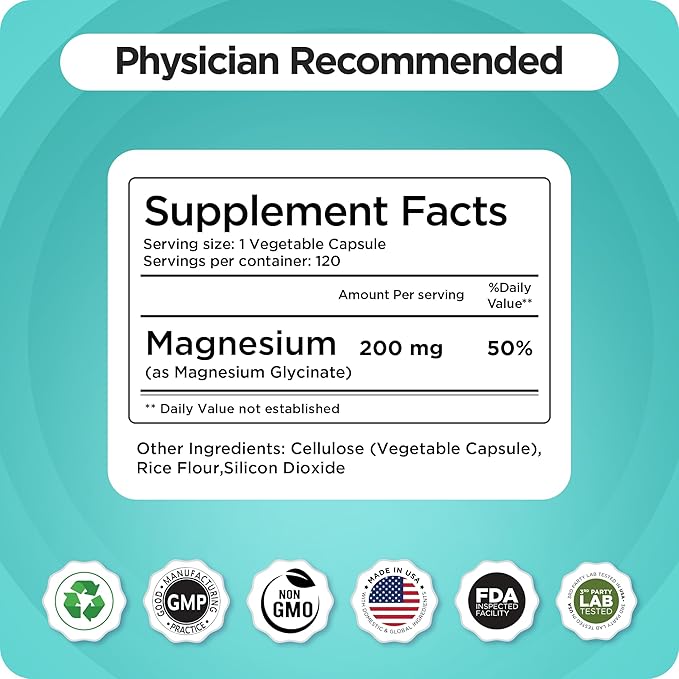 Magnesium Bisglycinate 200mg - High Absorption Chelated Magnesium Supplement - Gentle on Stomach Non-GMO Gluten-Free Supports Sleep Muscle Cramps &amp Positive Mood - 120 Vegan Capsules