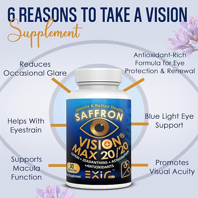 EXIR Eye Supplement | Lutein Saffron Astaxanthin| Supports Eye Health Visual Comfort &amp Focus | 30 Capsules