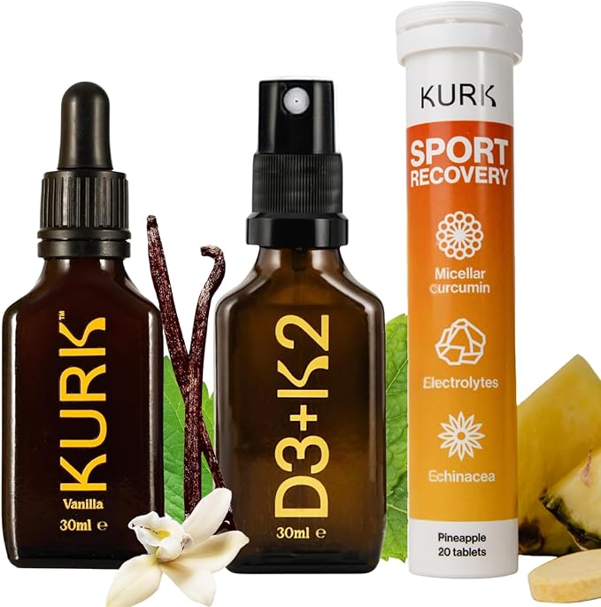 High Strength Liquid Curcumin Oil from Turmeric (Vanilla 1 Fl Oz) Sport Electrolyte Tablets (Pineapple 20 Tabs) and Vitamin D3 K2 Oral Spray Bundle