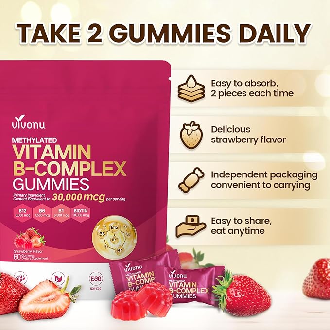 VivoNu Multivitamin Methylated Vitamin B Complex Gummies Vitamin B12 B6 B1 B2 B3 B5A C D E and Folate (3)