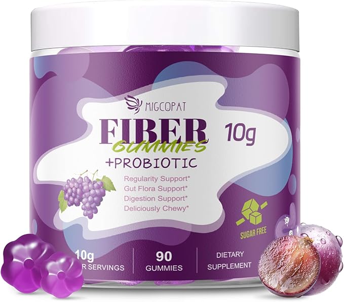 10G Fiber Gummies for Adults No Sugar Added Grape Flavor Fiber Supplement with 30 Billion CFU Probiotics Blend ACV Vitamin C Inulin Support Digestive Health 90 Count