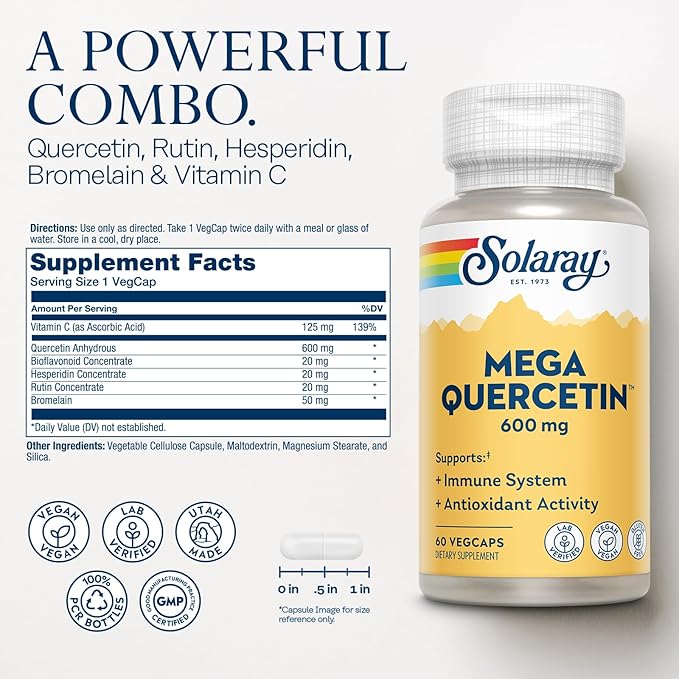 SOLARAY Mega Quercetin with Bromelain Vitamin C and Bioflavonoids - Antioxidant and Immune Support Supplement Hearth Health and Blood Pressure Support - Vegan 60-Day Guarantee 60 Serv 60 VegCaps