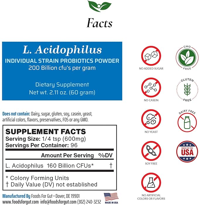 Foods For Gut Lactobacillus Acidophilus Probiotic Powder 200 Billion cfu's | Made in USA | No Additives | Direct from Manufacturer | No Third-Party Storage | Immune Support | 60 Grams (2.11 Oz)