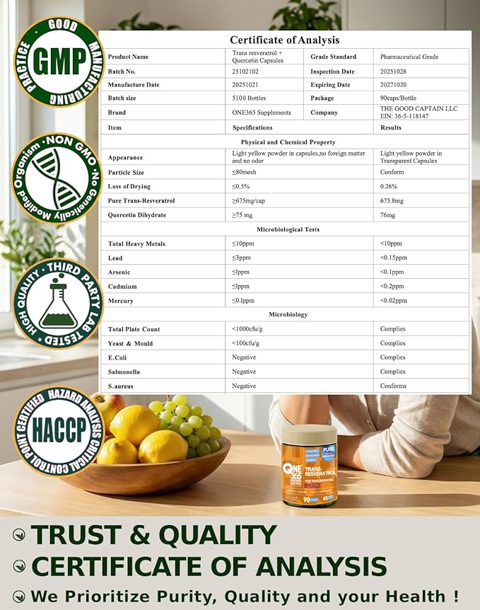 Trans Resveratrol Supplement with Quercetin Antioxidant and Healthy Aging Support Promotes Health Cellular Heart Brain &amp Immune Function 1500mg Vegan Natural Capsules 90 Count