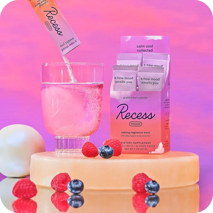 Recess Mood Powder Calming Magnesium L-Threonate Blend with Passion Flower L-Theanine Electrolytes Magnesium Calm Support Supplement - Gradient Berry Pack of 10