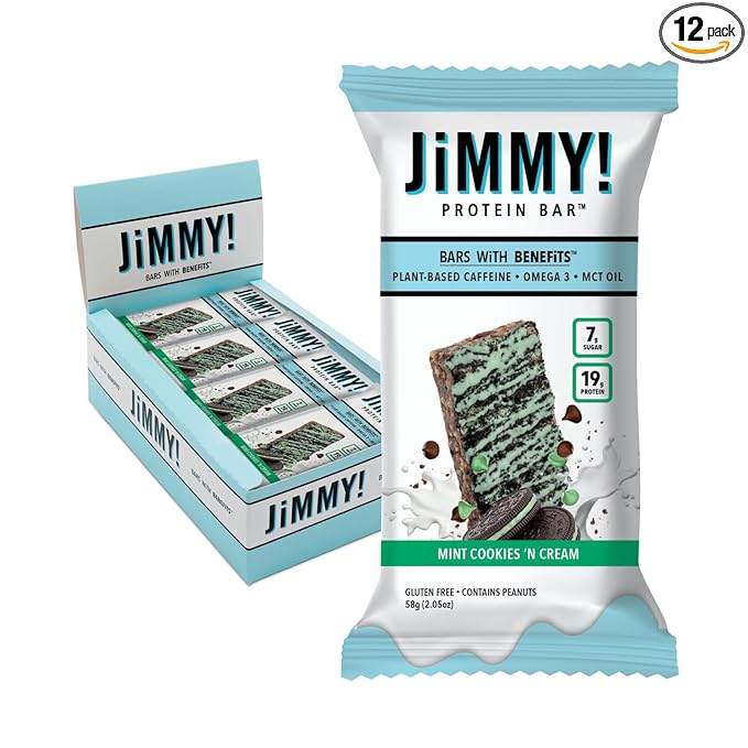 JiMMYBAR! Mint Cookies N Cream - 19g Protein Bars - 7g Low Sugar- 12 Count - 58g Health Bars - Functional Snack with Real Peanut Butter &amp Hand-Drizzled Chocolate Protein Bar