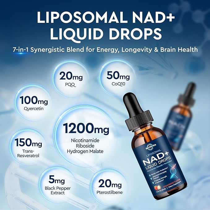 Liposomal NAD+ Liquid Supplement Nad Resveratrol Supplement for Women &amp Men Nicotinamide Riboside with PQQ CoQ10 Quercetin for Anti-Aging Brain Cellular Energy Health Strawberry Flavor 2 F