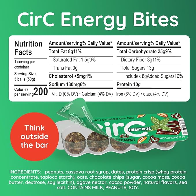 CirC Energy Bites - 12 Pack Mint Chocolate Chip Gluten Free Protein Balls - 10g Protein Whole Grains Nuts &amp Fruit - Portable Healthy Snacks for Adults &amp Kids 5 Piece Resealable Packs
