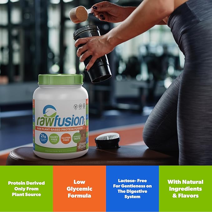 Rawfusion- Vegan Protein Powder Natural Chocolate - 30 Servings 21g of Plant Based Protein Low Net Carbs Non-Dairy Gluten/Lactose Free Soy Free Kosher Non-GMO 2lbs Pound