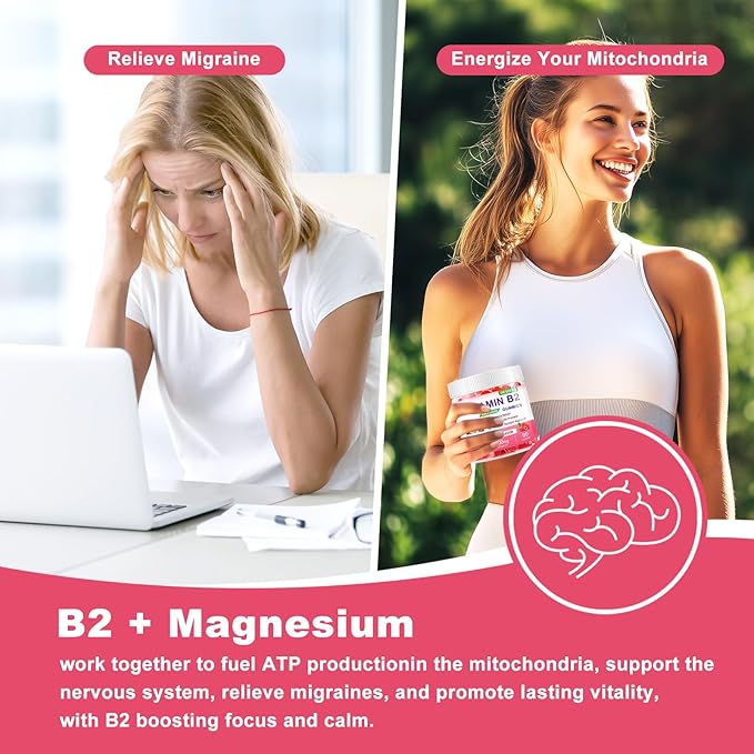 Vitamin B2 Gummies Riboflavin 400mg Supplement with Magnesium for Kids &amp Adults B2 Gummies for Migraine Relief Headache Relief &amp Nervous System Support Vegan Sugar-Free Raspberry Flavor 90
