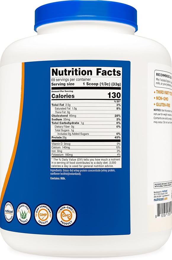 Nutricost Grass-Fed Whey Protein Concentrate (Unflavored) 5LBS - Undenatured Non-GMO Gluten Free