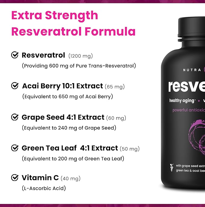 NutraChamps Resveratrol Supplement Extra Strength Formula for Healthy Aging Immune Support 60 Vegan Capsules with Trans-Resveratrol Green Tea Leaf Acai Berry &amp Grape Seed Extract