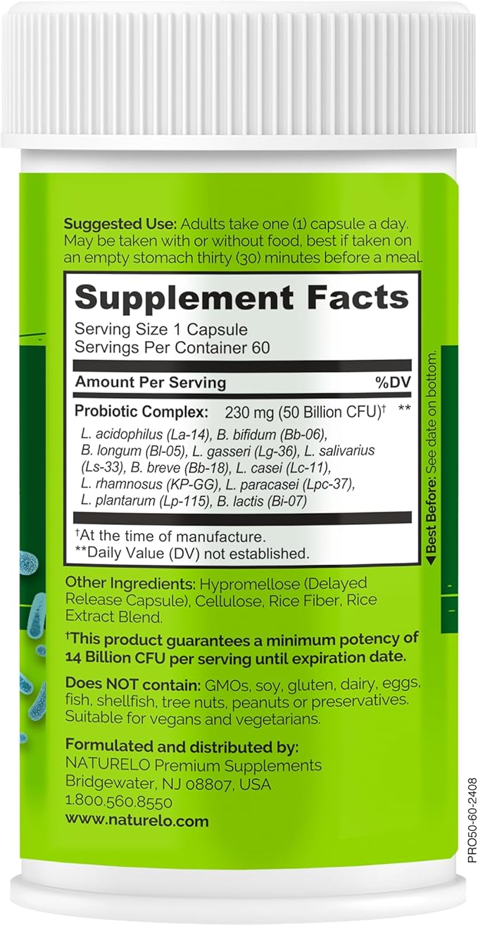NATURELO Probiotics for Digestive Health - 60 Vegetarian Capsules and Magnesium Glycinate Chelate Complex - 120 Capsules Bundle