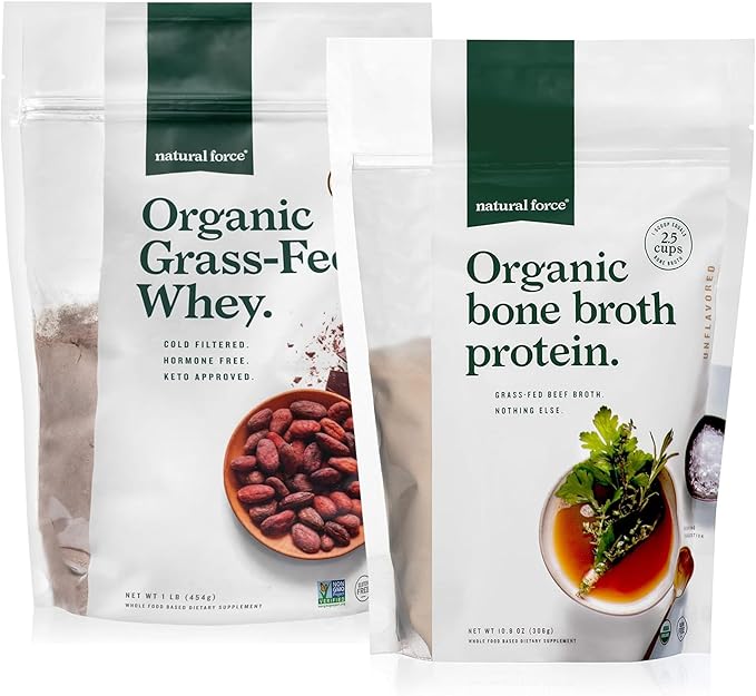 Natural Force Whey Protein Powder – Chocolate 1 LB Pure Organic Bone Broth Protein Powder Unflavored 10.8 oz