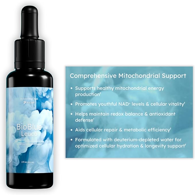 BIOLIGHT BioBlue Leuco | USP Leucomethylene Blue w/Litewater Deuterium-Depleted Water | Mitochondrial Support Wellness &amp Longevity | Increased Energy Focus Exercise Capacity | 2 fl oz 1% Solut