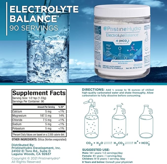 Magnesium Electrolyte by PristineHydro — Electrolyte Balance with Magnesium Bicarbonate and Silica — Replenishes Critical Nutrients to Maximize Body Performance (3.4 Ounce (Pack of 1)