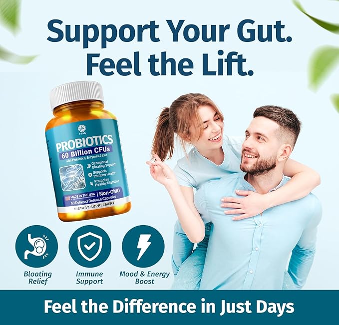 1 Body 60 Billion Probiotics for Men &amp Women Gut Health for Men &amp Women with Prebiotics Digestive Enzymes Zinc &amp L-Glutamin Non-GMO 60 Vegan Digestive Probiotic Capsules