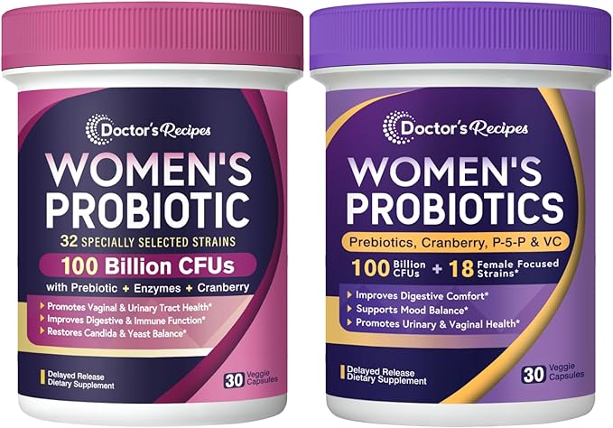 Doctor's Recipes Women’s Probiotics 100 Billion CFU Bundle Vitamin B6 P5P Cranberry Digestion Vaginal Mood Immune Shelf Stable Delayed Release