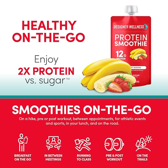 Designer Wellness Protein Smoothie Real Fruit 12g Protein Low Carb Zero Added Sugar Gluten-Free Non-GMO No Artificial Colors or Flavors Strawberry Banana 24 Count