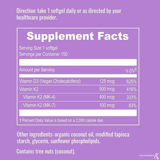 UpNourish Certified Vegan Vitamin D3 5000 IU K2 MK4 MK7 500 mcg Supplement 150 Softgels Plant Based Liposomal Vitamin D K with Organic Coconut Oil Non GMO Gluten and Gelatin Free