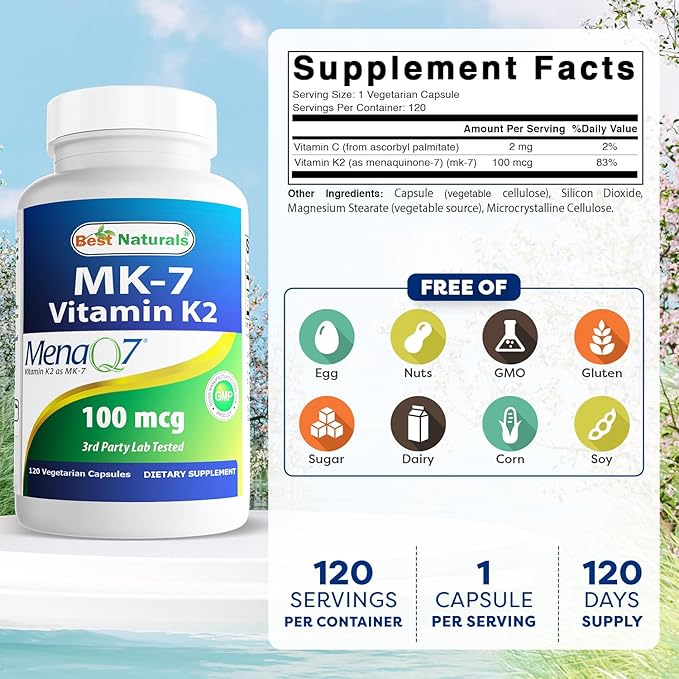 Best Naturals MK-7 Vitamin K2 100 mcg 120 Vegetranian Capsules (Pack of 2).