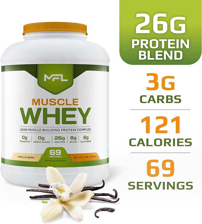 MFL Muscle Whey Protein 5 lbs l 26g of Protein l 8g BCAAs l 6g Glutamine l Low Carbs l 69 Servings (Vanilla Bean)